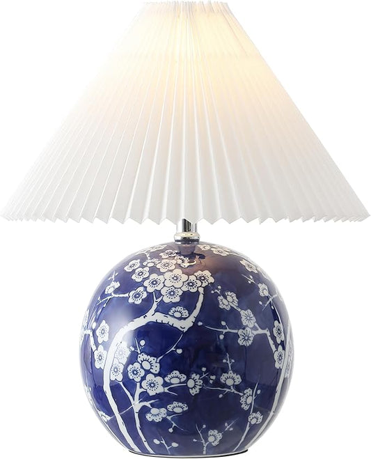 JONATHAN Y JYL5056C Shishen 19.5" Cottage Classic Chinoiserie Ceramic Orb LED Table Lamp with Pleated Shade, Navy/White for Bedroom, Living Room, Kitchen, Home Office, Kids Room - Bloomnest