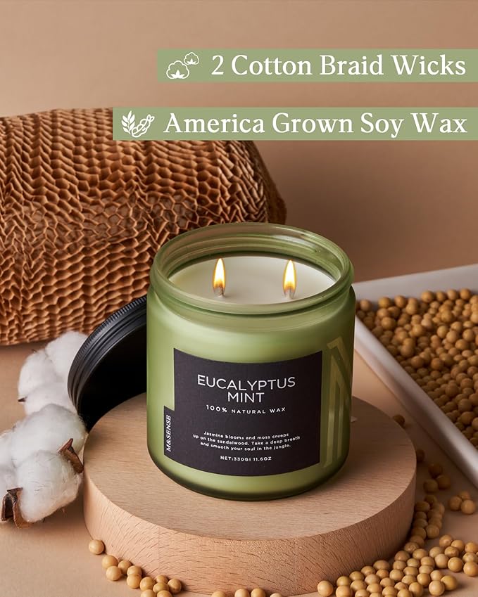 M&SENSE Eucalyptus & Mint Soy Candles for Home Scented, 11.6oz 70 Hour Burn Aromatherapy Candle Gift for Stress Relief, Meditation, Yoga, Relaxing SPA, Reusable Jar for Men and Women - Bloomnest
