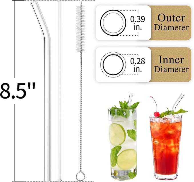 Piteno® 16-Pack Reusable Glass Drinking Straws, 8.5''x10MM, Set of 6 Straight and 6 Bent with 4 Cleaning Brushes, Perfect for Smoothies, Milkshakes, Juice, Tea (Rainbow) Piteno