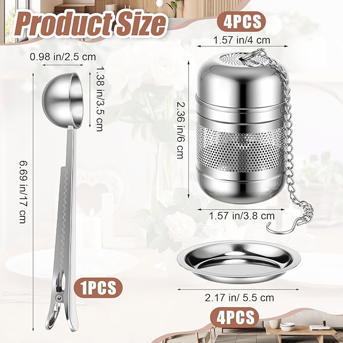 Umigy 4 Pcs Tea Infuser Strainers for Loose Tea with Scoop, Extra Fine Mesh Steeper 304 Stainless Steel Diffuser Leaf Holder with Extended Chain Hook for Brew, Spices, Seasoning (Stylish Style) - Bloomnest