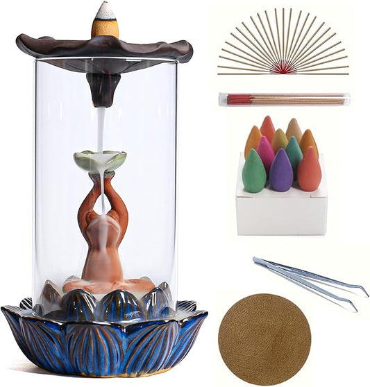 ChangWanna Frog Incense Burner Holder - Ceramic Lotus Incense Holder Ash Catcher, Glass Incense Holder for Sticks, Insence-stick Holder Ornament for Aromatherapy/Yoga/Meditation/Home Room Office Decor