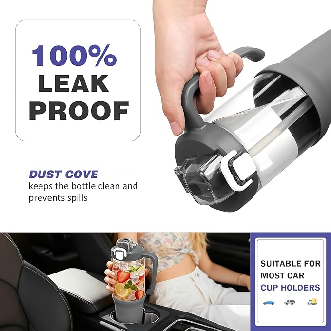 32 oz Glass Tumbler with Handle, 2-in-1 Straw and Sip Spout, Leakproof, BPA-Free Glass Water Bottle for Sports, Office, School, Grey - Bloomnest