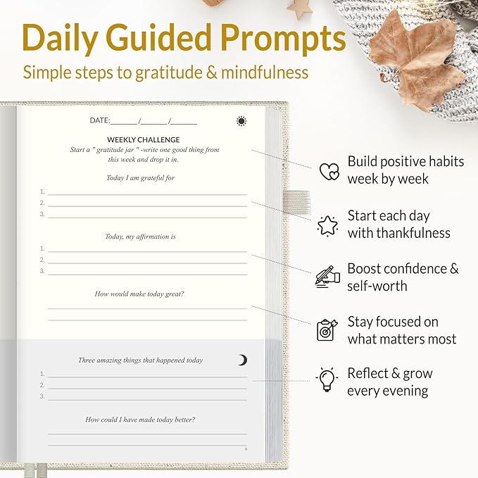 SUNEE Daily Gratitude Journal – 52 Weeks Simple 5 Minute Journal for Daily Reflection, Build Positivity and Mindfulness, Undated Minimalist Planner for Women & Men (Beige)