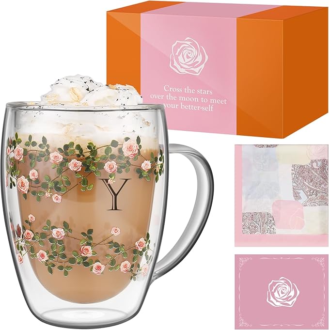 Initial Glass Cup for Women, 12oz Rose Double Walled Glass Coffee Mugs, Personalized Gifts for Women, Initial Coffee Tea Mug with Scarf, Birthday Wedding Gifts for Her Mom Teacher (ROSE-Y) - Bloomnest
