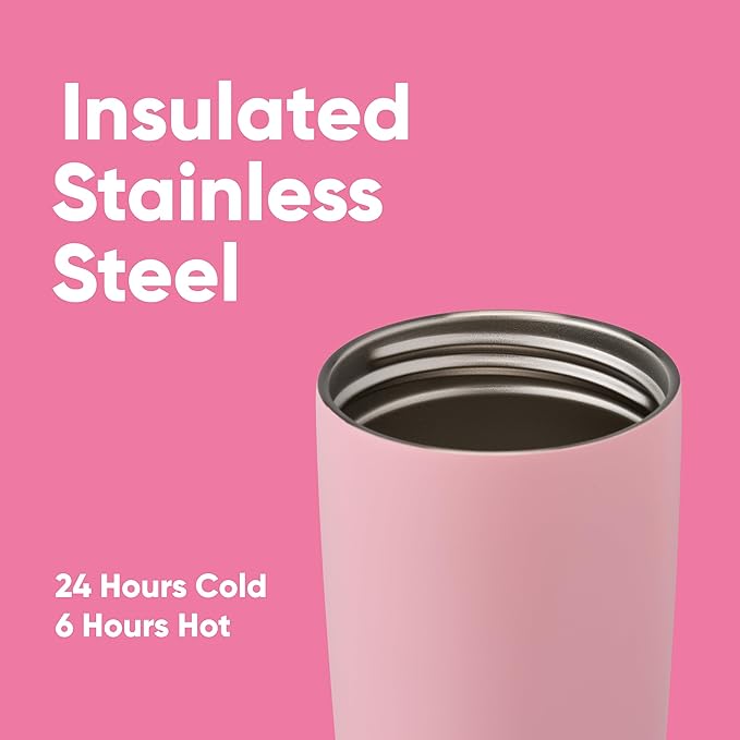 Owala SmoothSip Slider Insulated Stainless Steel Coffee Tumbler, Reusable Iced Coffee Cup, Hot Coffee Travel Mug, BPA Free 20 oz, Pink (Pucker Up) Owala