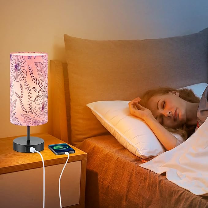 Touch Control Bedside Lamp with 2 USB Ports, 3-Way Dimmable Table lamp for Bedroom, Nightstand Lamp with Round Pink Flower Fabric Shade for Living Room Home Office (E26 LED Bulb Included) - Bloomnest