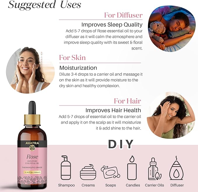 Avatra Rose Essential Oil 100ML (3.38 OZ) with Glass Dropper and Travel Bottle, Pure and Natural Therapeutic Grade Lavender Oil for Diffuser, Aromatherapy, Massage, and DIY Candle Products - Bloomnest