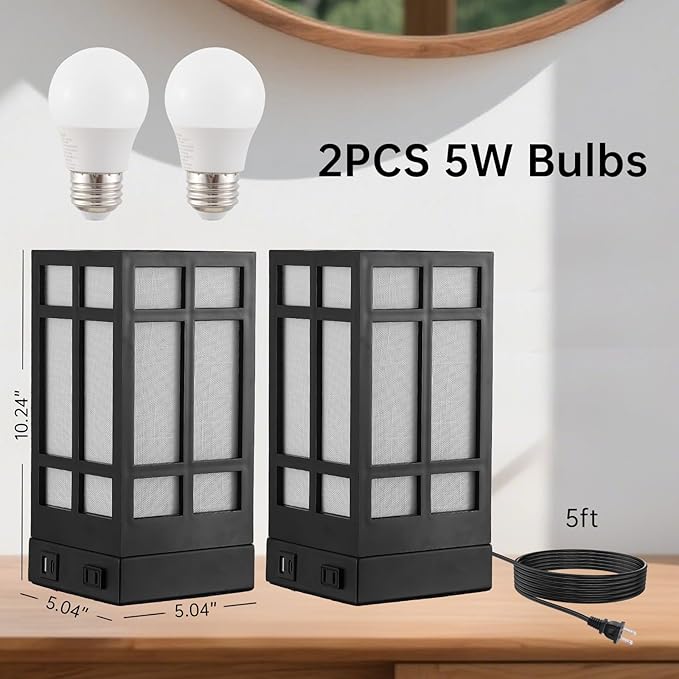Beside Table Lamp set of 2 with AC Outlet, USB A & C Charging Port,Small Rectangular Nightstand Lamp with Bamboo Linen Shade,LED Bulbs Included,Tabletop Reading Lamp for Living Room/Dorm/Office - Bloomnest