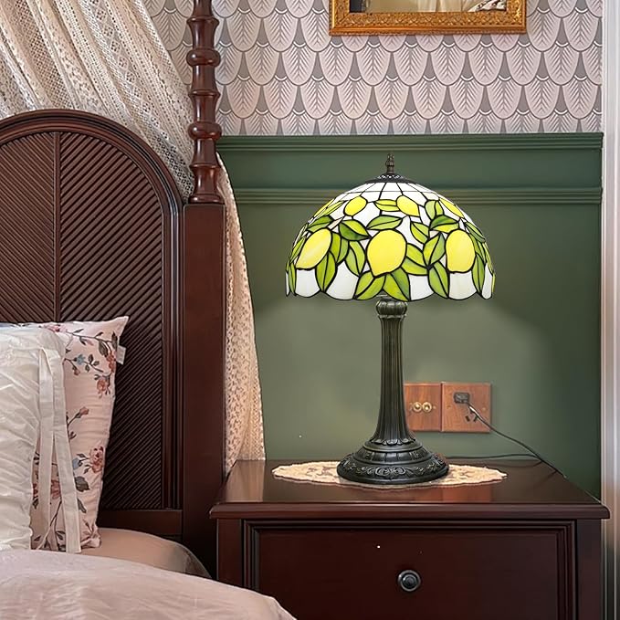 Tiffany Lamp Yellow Lemon Green Leaves Stained Glass Table Lamp Vintage Bedroom Desk Light for Home Dorm Office Art Craft Antique Decor Accent Aesthetic Nightstand Reading Light - Bloomnest