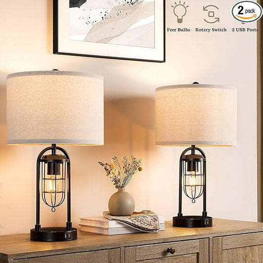 Kyrid 21'' Table Lamps Set of 2 with Night Light and USB Port Industrial Modern Nightstand Lamp Set (Bulbs Included) - Bloomnest