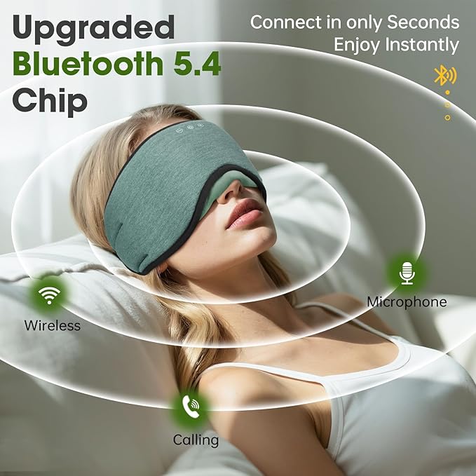 Sleep Headphones with Bluetooth 5.4 Sleep Mask, Bamboo Cotton Music Wireless Bluetooth Eye Mask for Sleeping, Earphones HD Speaker Microphone for Travel, Gifts for Men Women, Green - Bloomnest