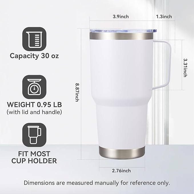 30 oz Tumbler with Handle and Lid, Stainless Steel Tumblers Double Wall Vacuum Insulated Travel Mug Leak Proof Cup Keep Drinks Cold and Hot White, 1 Pack - Bloomnest