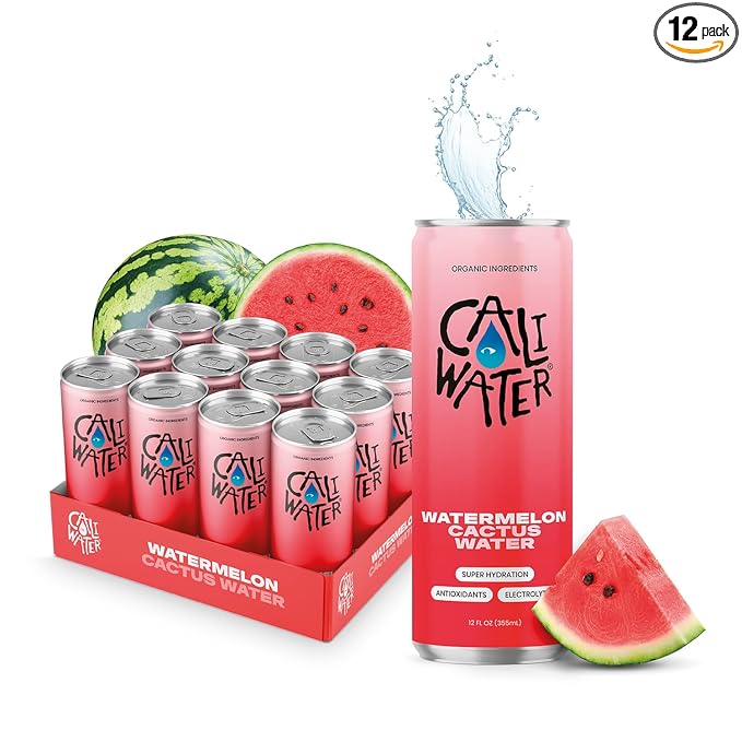 Caliwater - Organic Cactus Water - Watermelon - 5g Sugar, 35 Calories - Half Sugar of Coconut Water - Natural Plant Based Hydration - Skin Care, Electrolyte Drinks - Flavored Water Beverages - 12 Cans - Bloomnest