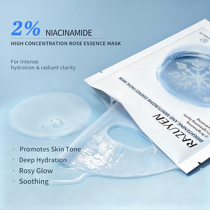 Brightening Hydrating Face Mask (10 PCS), Glowing & Moisturizing Sheet Mask with Niacinamide, Rosa Water and Arbutin, Rose Face Mask For All skin types, Added Fragrance Free - Bloomnest