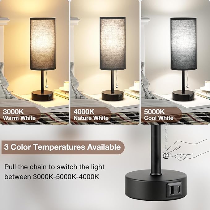 Black Bedside Lamps for Bedroom Set of 2 - Nightstand Table Lamp with USB Charging Port, Pull Chain Night Stand Light, Side Table Desk Reading Lamp for Living Room/Dorm/Bathroom/Kitchen - Bloomnest