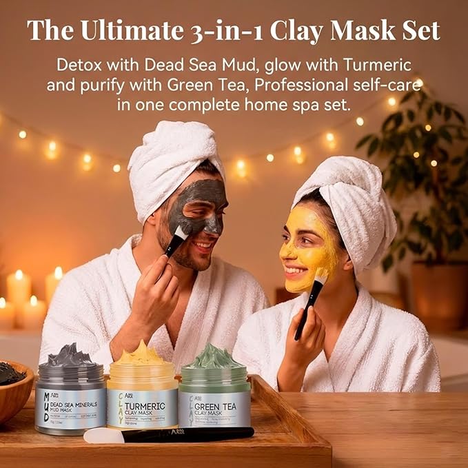 ANAI RUI 3 Pcs Face Mask Set - Turmeric Clay Mask - Green Tea Face Mask - Dead Sea Mud Mask for Oily Skin, Blackheads & Pores - Spa Gift Set Self Care Valentines Day Gifts for Women (2.5 oz Each) - Bloomnest