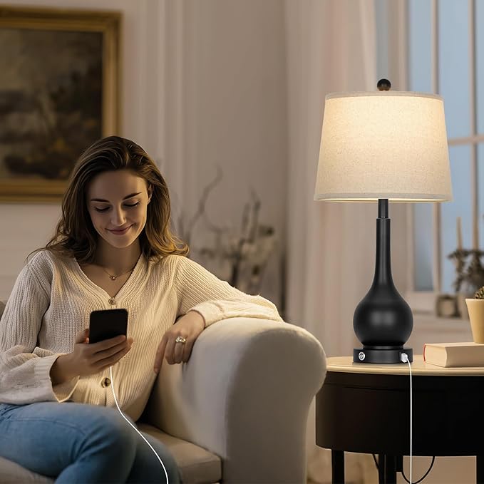 26" Black Table Lamps Set of 2 for Living Room, Touch Control Bedside Lamp for Bedroom, 3-Way Dimmable Nightstand Lamp with USB A+C Port (2 LED Bulbs Included) - Bloomnest