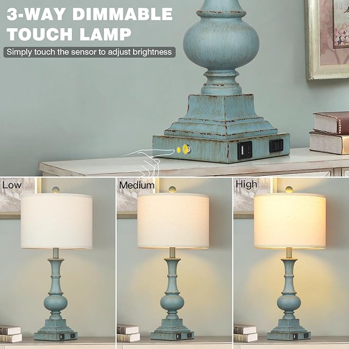 Farmhouse Table Lamps Set of 2, 26" Vintage Rustic Touch Control 3-Way Dimmable Bedside Lamp with USB A+C Ports & AC Outlet, Blue Nightstand Lamp for Living Room Bedroom End Table(LED Bulbs Included) - Bloomnest