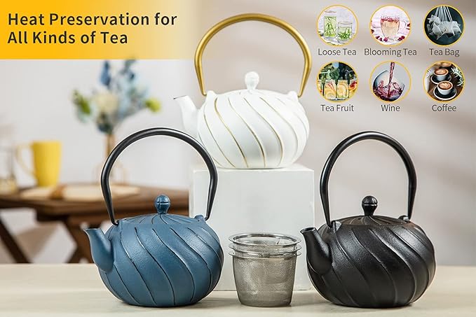 Stovetop Tea Kettle, TOPTIER Japanese Cast Iron Tea Kettle with Infuser for Loose Leaf and Tea Bags, Cast Iron Teakettle Coated with Enameled Interior for 40 oz (1200 ml), Midnight Black - Bloomnest