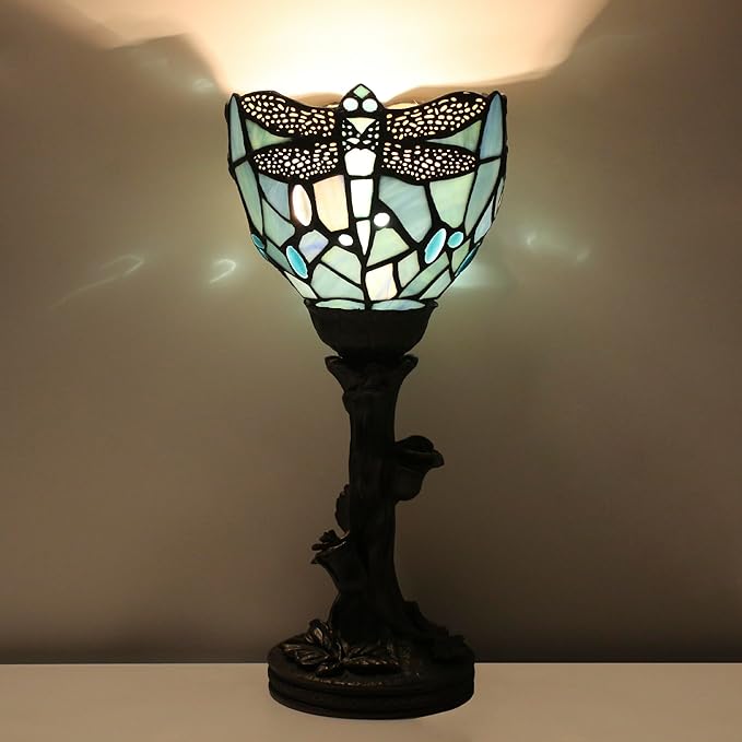 Small Tiffany Lamp Mini Stained Glass Table Lamp Blue Dragonfly Accent Desk Uplight W6 H13.5 Inch Bronze Resin Base - Bloomnest