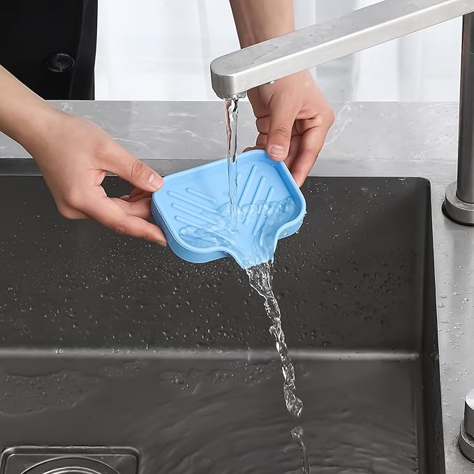 Silicone Bathroom Soap Dishes with Drain Spout-Bathroom and Kitchen Sink Organizer,Sponge Holder,Dish Soap Tray,Perfect for Dispenser,Scrubber,Bottle on Sink or Counter-Light Blue 4.9"×3.2" - Bloomnest