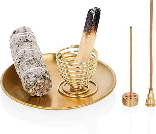 ZenBless 5 in 1 Incense Burner, Palo Santo Holder, Sage Holder, Incense Holder for Incense Sticks/Coil Incense/Incense Cones, 5.5 inches Brass Ash Catcher for Meditation Yoga Room ZenBless