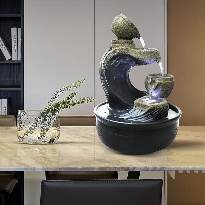 Indoor Tabletop Water Fountains and Calming Water Sound Relaxation Desktop Waterfall Fountain with LED Lights，The for Office, Room Decoration, Portable Feng Shui Fountain Indoor
