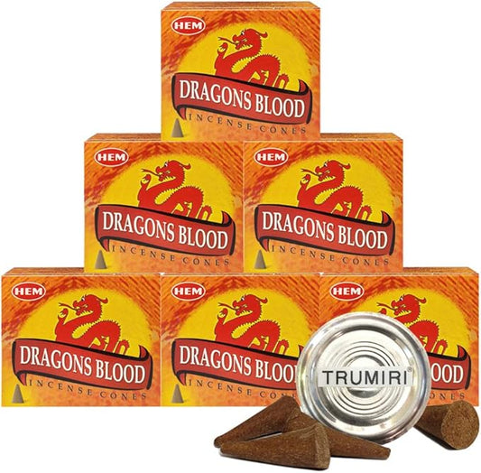 TRUMIRI Incense Cone Holder Bundle with Hem Dragons Blood Incense Cones - Pack of 6 (Approx 60 Cones) TRUMIRI