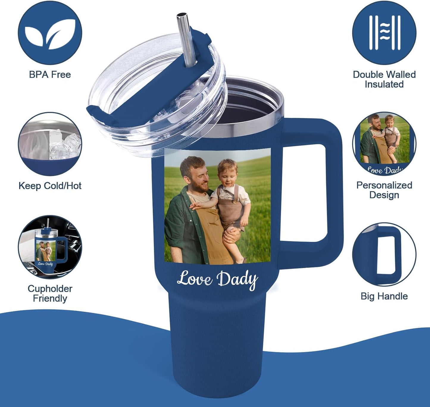 Custom Dad Tumbler with Kids Names, Personalized 40 Oz Tumbler with Handle and Straw, Personalized Birthday Gifts for Dad Husband