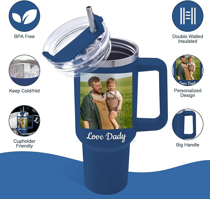 Custom Dad Tumbler with Kids Names, Personalized 40 Oz Tumbler with Handle and Straw, Personalized Birthday Gifts for Dad Husband - Bloomnest