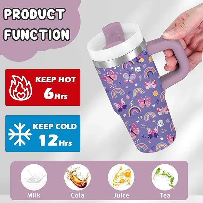 Rainbow Gifts for Girls - 14oz Purple Kids Rainbow Tumbler with Handle and Straw, Stainless Steel Insulated Travel Coffee Mug, for Sports, School, Travel, Children's Birthday Gift(1pc) - Bloomnest