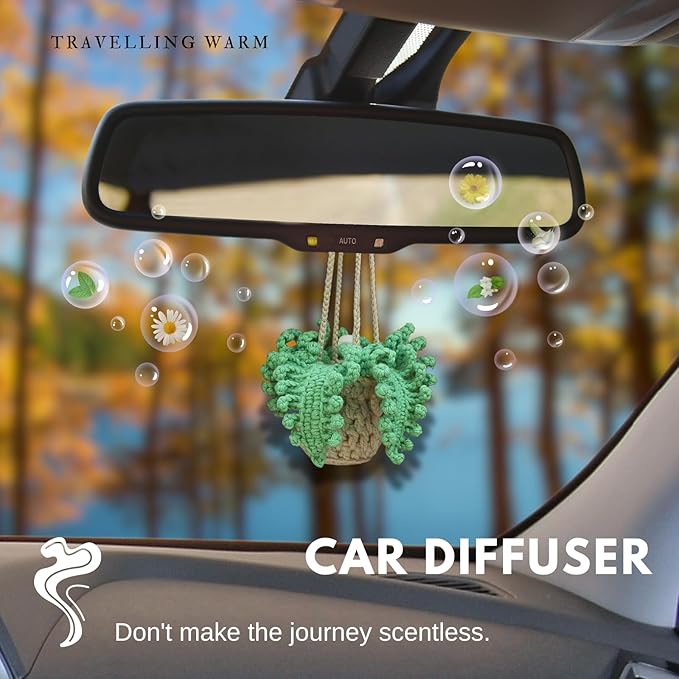 Handmade Crochet Hanging Car Air Freshener - Botanical Fern Leaf Design with 12ml Refillable Glass Essential Oil Bottle, Long-Lasting Car Diffuser & Nature-Inspired Decor - Bloomnest