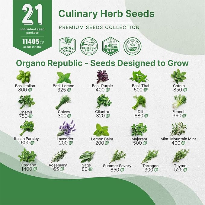 21 Culinary Herb Seeds Variety Pack - Heirloom, Non-GMO, Herb Seeds for Planting Outdoor and Indoor - Home Gardening. Over 11,400+ Seeds Including Rosemary, Thyme, Oregano, Mint, Basil, Parsley & More - Bloomnest
