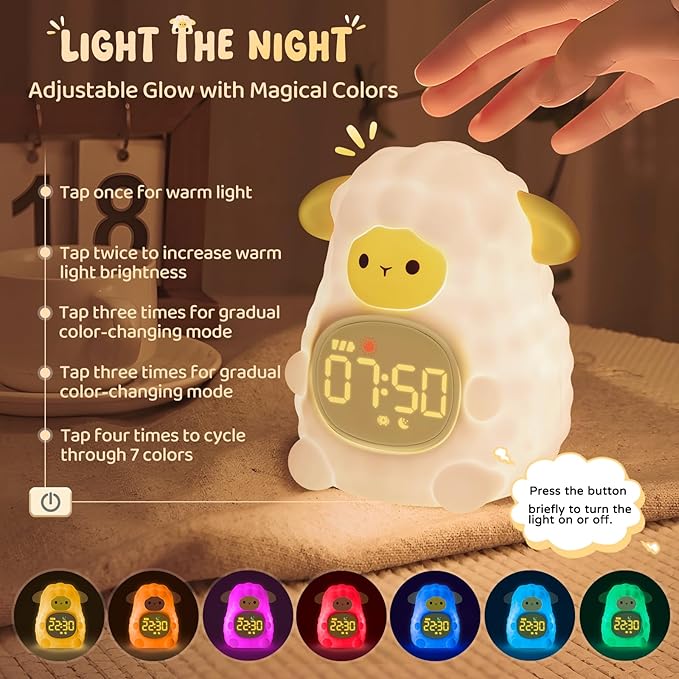 Sheep Alarm Clock with Night Light for Kids with Sleep Training and Sound Machine, Rechargeable Silicone Lamp OK to Wake Clock，Cute Animal Tabletop Lamp, Perfect Sleep Companion for Boys Girls - Bloomnest