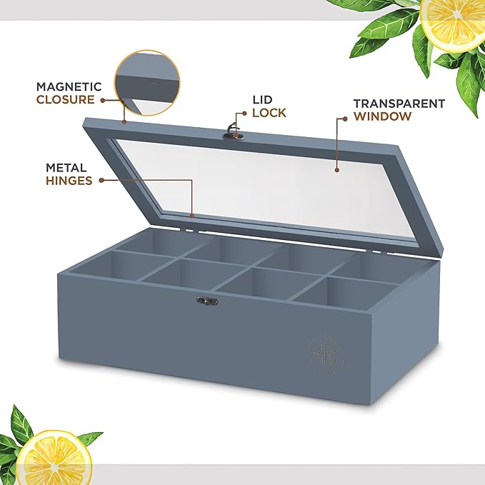 Tea Bag Organizer - Grey Bamboo Tea Box Organizer Storage Box, Tea Bag Holder with Acrylic Window, Magnetic Lid Keeps Tea Bags Fresh - Tea Organizer Caddy (Tea Not Included) Christmas Gift - Gray - Bloomnest