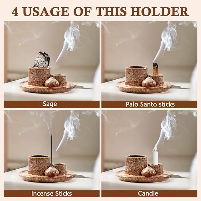 4 in 1 Ceramic Incense Holder, Palo Santo Stick Holder, Sage Holder for Burning, 5.2" Ash Catcher Tray for Meditation, Yoga & Home Decor (Brown)