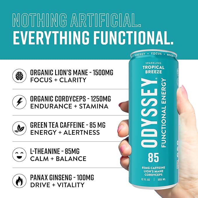 Odyssey Functional Energy Drink for Focus, Cognition & Mood Support 12 Pack - Adaptogenic Drink with 85mg Green Tea Caffeine, Lion’s Mane, Cordyceps, L-Theanine & Ginseng, Sparkling Tropical - Bloomnest