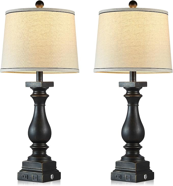 28" Tall Farmhouse Table Lamps with USB C+A Ports and AC Outlet, 3 Way Touch Control Rustic Bedside Lamps for Bedroom, Black Vintage Nightstand Lamps for Living Room Office - Bloomnest