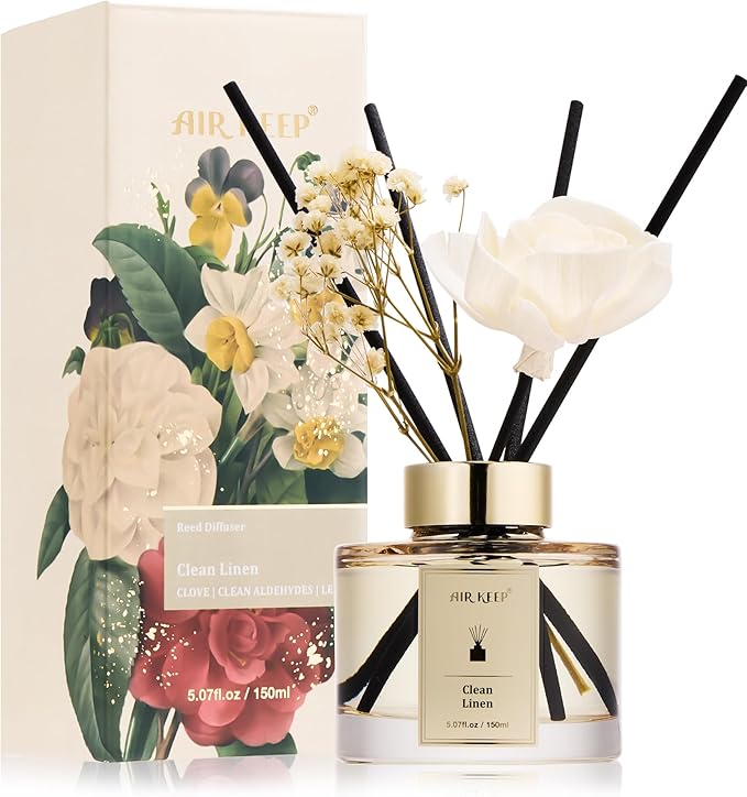 Airkeep Flower Reed Diffusers Set, 5.07 oz Clean Linen Scented Oil Diffuser with 8 Reed Sticks, Home Fragrance Diffuser Gift Set for Bathroom & Office Decor 150ml - Bloomnest