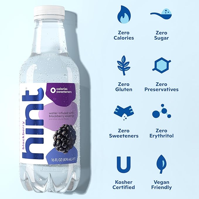 Hint Fruit-Infused Bottled Water, Blackberry - Sugar Free Flavored Water with Zero Calories, Natural Fruit Essences, and No Artificial Sweeteners - 16 Fl Oz (Pack of 12) - Bloomnest