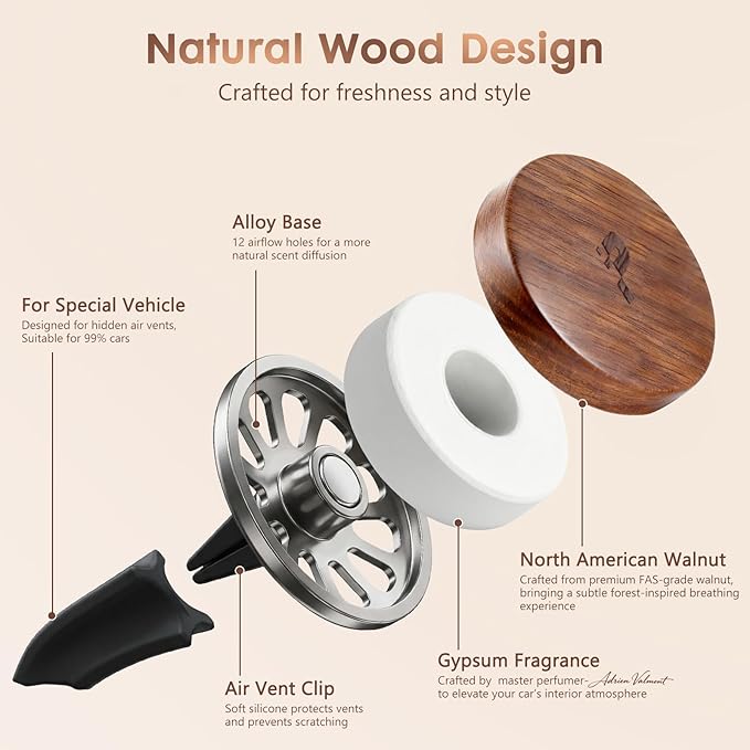 Wooden Car Air Freshener for Vent, Refillable Essential Oil Diffuser Clip, Long-Lasting Natural Scent, Sustainable Wood & Metal Luxury Auto Deodorizer -Pine scent - Bloomnest