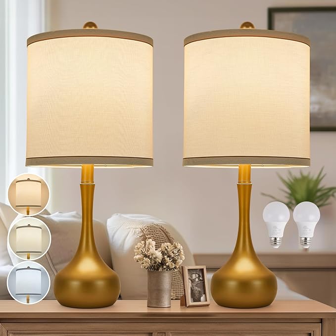 23" Farmhouse Table Lamp Set of 2, Golden Metal Modern Bedside Lamps for Living Room, 3 Color Temperature Rustic Table Lamps for Bedroom, Night Stands, Dorm,Office, Home Décor (Bulb Included) - Bloomnest