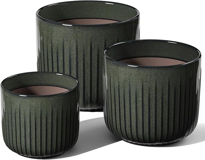 LE TAUCI Fluted Ceramic Planters Set of 3 – 8.3/7 / 5.7 in Dark Olive Reactive Cylinder Indoor Plant Pots with Drainage Plug & Mesh, Glossy Stoneware Flower Pots for Succulents Herbs - Bloomnest
