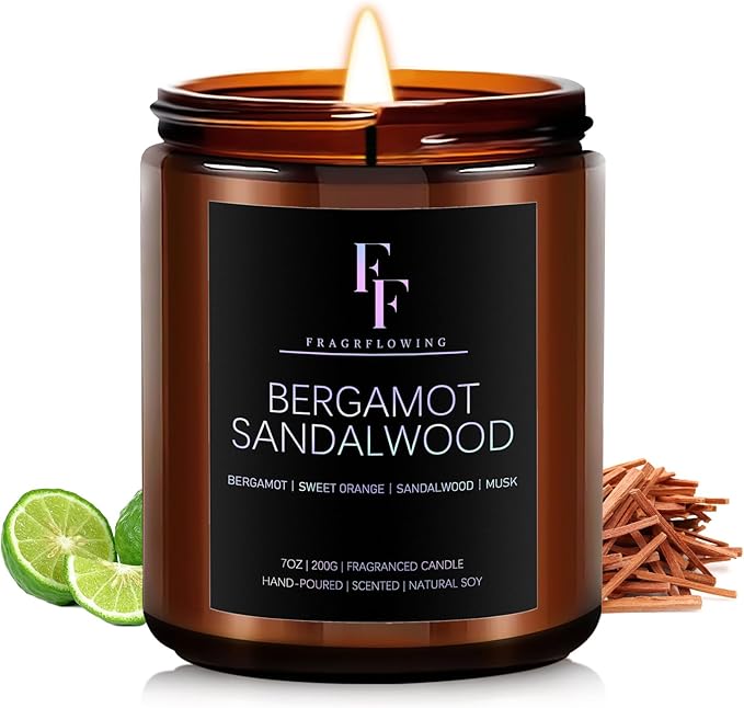 Bergamot Sandalwood Candle, Scented Candle for Home Soy Wax Candle, Aromatherapy Candle Gift for Women Men, 7oz - Bloomnest