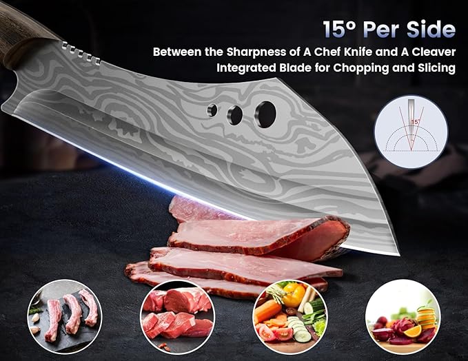 Butcher Knife, 10 Inch Meat Cleaver Chef Knife with Herb Stripper, Japanese Style High Carbon Steel Kitchen Knife for Chopping & Slicing, Damascus Pattern Full Tang Wood Handle Ideal for Gift - Bloomnest