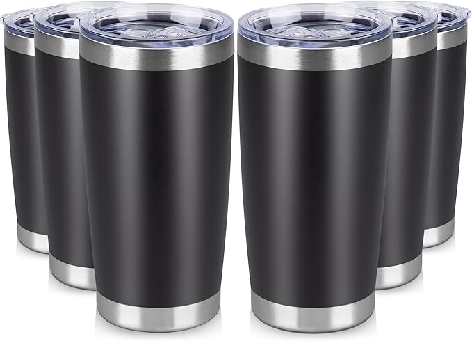 20 oz Tumbler Stainless Steel Tumblers Bulk with Lid Double Wall Insulated Coffee Tumbler Cups for Hot & Cold Drinks Powder Coated Travel Coffee Tumbler Mug Metal (Black, 6 pack)