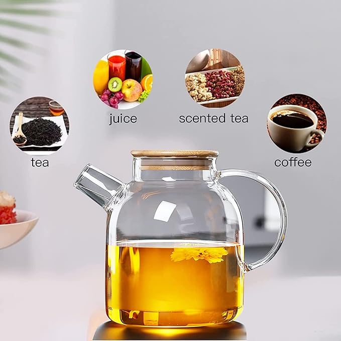 Glass Tea Pot Kettles Stovetop Safe, 60.8oz/1800mL Heatproof Borosilicate Glass Teapot Water Pitcher With Bamboo Lid and Removable Filter Spout for Loose Leaf and Blooming Tea - Bloomnest