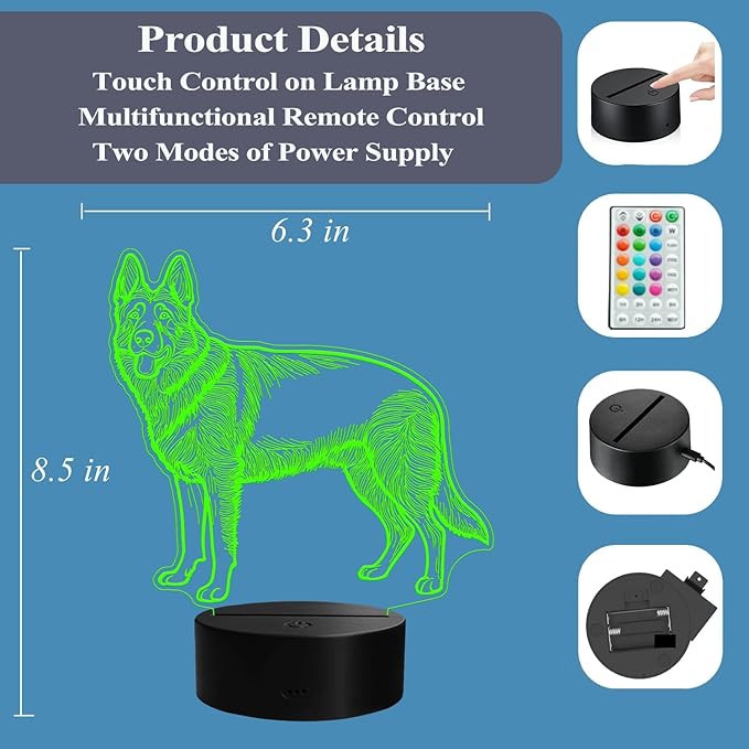 German Shepherd Night Light, German Shepherd Gifts, 3D Illusion Lamp with Remote Control, 16 RGB Colors, 4 Flashing Modes, Timer, Dimmable, Kids Room Dog Decoration for Holiday Birthday Christmas - Bloomnest