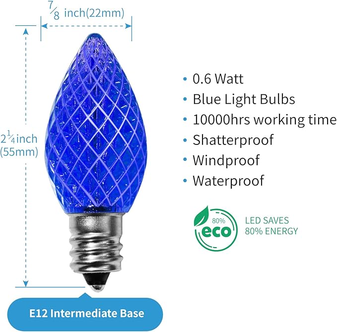 Meconard C7 Led Replacement Christmas Light Bulbs, C7 Shatterproof Led Bulbs for Christmas Indoor Outdoor String Lights, E12 Candelabra Base, Commercial Grade Holiday Bulbs, Blue, 25 Pack - Bloomnest