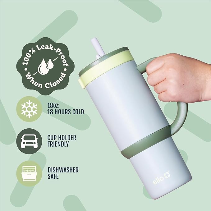 Ello Oasis 18oz Stainless Steel Kids Tumbler with Handle & Retracting Straw, 100% Leakproof, Double-Wall Vacuum Insulated, Kids Water Bottle for School, BPA Free, Dishwasher Safe, Avocado - Bloomnest